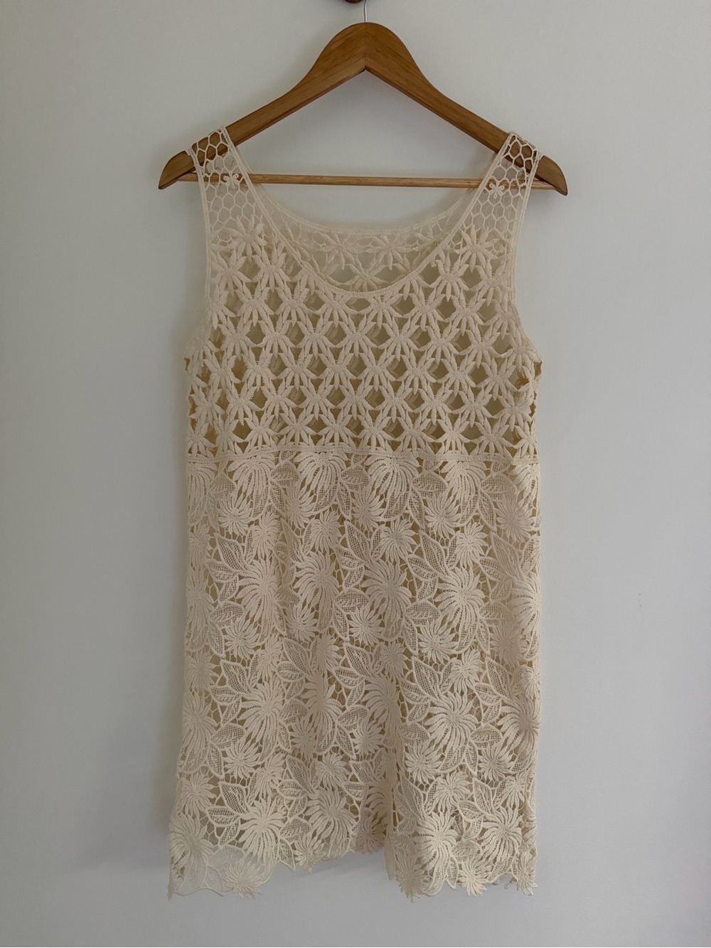 Cream Crochet Lace Mini Dress Tunic Boho Festival Floral Openwork M
